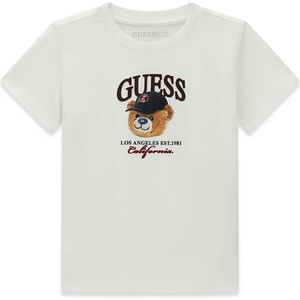 GUESS Бяла тениска за мини момче с мечка и надпис Guess