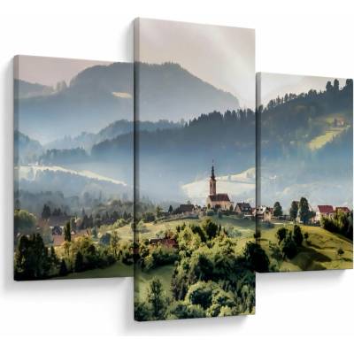 Obraz - vesnička v mlze, třídílný 90x60 cm
