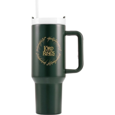 CurePink cestovní termo hrnek s rukojetí a víčkem s brčkem Lord Of The Rings Pán prtenů Logo 130 ml