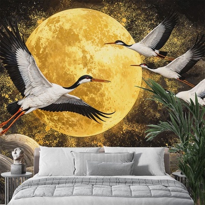 Art Gift Decor Фототапет Жерави пред златна луна - арт дизайн