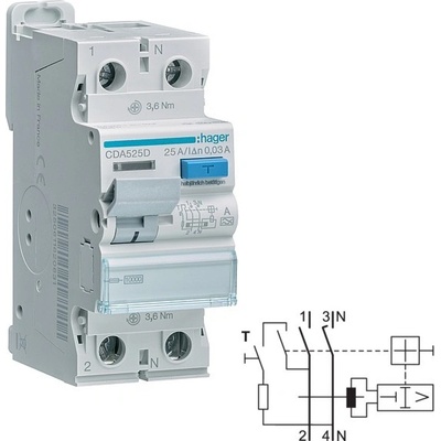 HAGER CDA525D 2 pól. 25A / 0,03 A typ A 10 kA