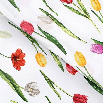 Bavlněná látka/plátno Sandra SA-506 Tulipány na bílém - šířka 220 cm