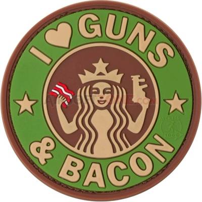 Gumová nášivka Jackets to Go nápis Guns and Bacon - multicam