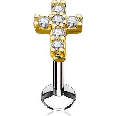 Šperky4U zlacený piercing do brady křížek čiré zirkony LB0027GDC
