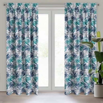 Takoy DESIGN 91 Závěs ELINA s potiskem tyrkysovo-námořnických listů na bílém podkladu z lehkého mikrovlákna 140 x 270 cm-HF-410351 | 140 x 270 cm