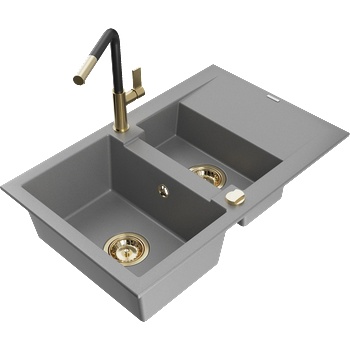 Mexen Gaspar гранитна мивка с 1, 5 отделения с отцедник и кухненски смесител Flora, сива - 6507-71-670401-57-G (6507-71-670401-57-G)