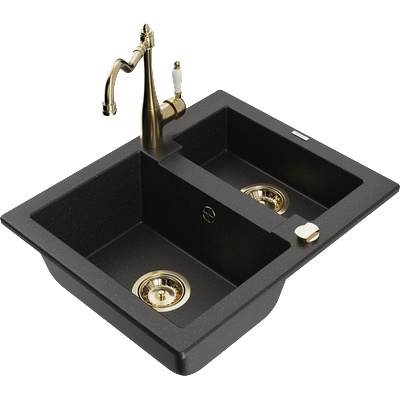Mexen Carlos кухненска мивка от гранит с 1, 5 камери и кухненски смесител Carla, черно/златист металик - 6518-75-670700-50 (6518-75-670700-50)