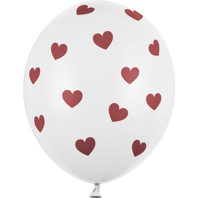 PartyDeco Balonek latex bílý srdce červená 30 cm