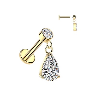 Šperky4U Zlacený piercing do ucha labreta se zavěšeným kamínkem LB1151-GD