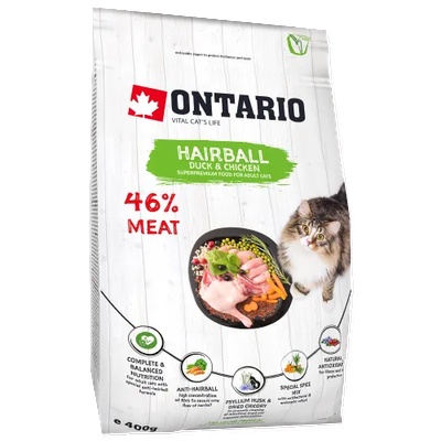 ONTARIO HAIRBALL Adult duck chicken cat food - суха храна за котки, срещу космени топки, с пилешко месо и патица 0, 4 кг, Чехия 213-10123