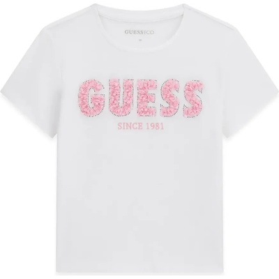 GUESS Тениска в мръсно бяло за момиче с текстилен розов надпис Guess