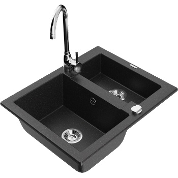 Mexen Carlos 1, 5-коморна гранитна мивка с кухненски смесител Telma, черен/сребрист металик - 6518-73-670200-00 (6518-73-670200-00)