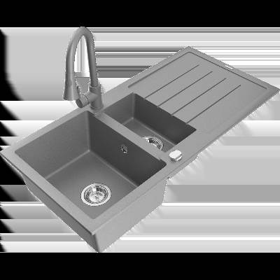 Andres гранитна кухненска мивка 1, 5-камерна с отцедник и кухненски смесител Elia, сив - 6515-71-670101-71 (6515-71-670101-71)