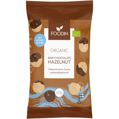 Foodin lískové oříšky v raw čokoládě vegan bio bez přidaného cukru 50 g