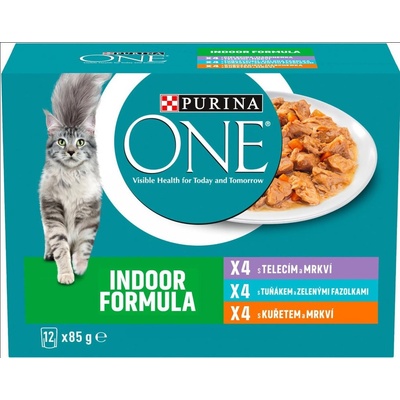 Purina ONE Indoor Mini filetky s telecím kuřetem a tuňákem ve šťávě 12 x 85 g