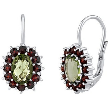 Silvego Strieborné náušnice s prírodným vltavínom a granátmi SILVEGOB380001SV