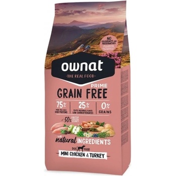 OWNAT Grain Free Prime MINI ADULT CHICKEN TURKEY - Натурална суха храна за кучета от дребни породи, БЕЗ зърнени култури, с 77% качествено месо, пиле и пуйка - 3 кг, Испания - 110118