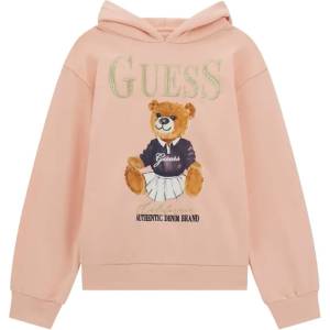 GUESS Суичър за момиче в розов с качулка, цветно мече и златист надпис Guess