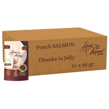 HERMOS How Meow Pouch Adult Cat Food with Salmon - Пълоценна храна за пораснали котки, паучове със сьомга в желе 85 гр х 24 броя в стек, Турция