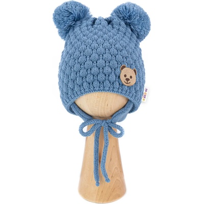 BABY NELLYS Zimní pletená čepice Teddy Bear na zavazování modrá