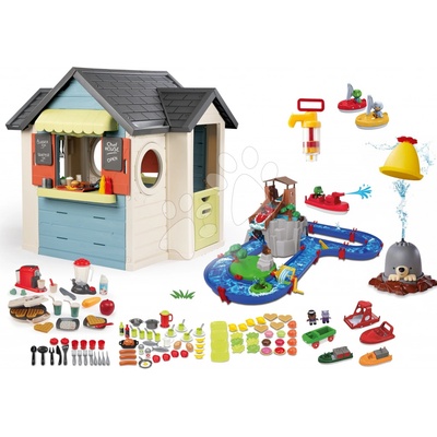 Smoby Set domeček se zahradní restaurací Chef House DeLuxe a vodní dráha AquaPlay Adventure Land s dobrodružstvím a potravinami