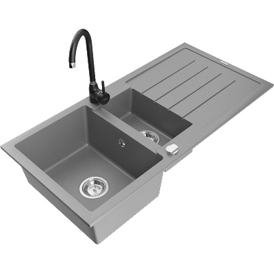 Mexen Andres гранитна мивка с 1, 5 камери, сушилник и кухненски смесител Telma, сив - 6515-71-670200-70 (6515-71-670200-70)