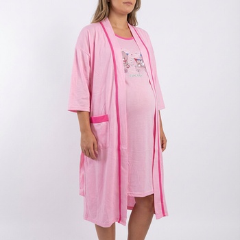 Розов комплект за бременни халат и нощница с мечета