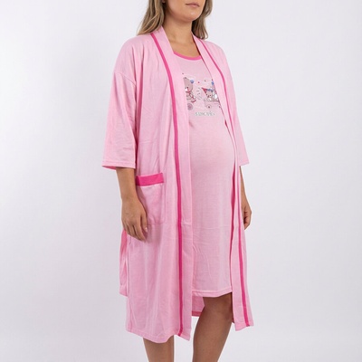 Розов комплект за бременни халат и нощница с мечета