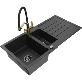 Mexen Andres гранитна мивка с 1, 5 отделения с отцедник и кухненска батерия Duo, черно/сребърно - 6515-73-671701-57-B (6515-73-671701-57-B)