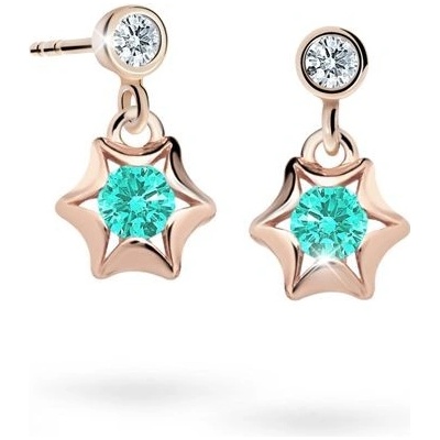 Danfil dětské náušnice hvězdičky C2159 z růžového zlata s kamínky Mint Green zapínání balónek