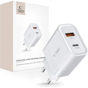 Tech-Protect C30W 1x USB-A + USB-C White (9589046926792)