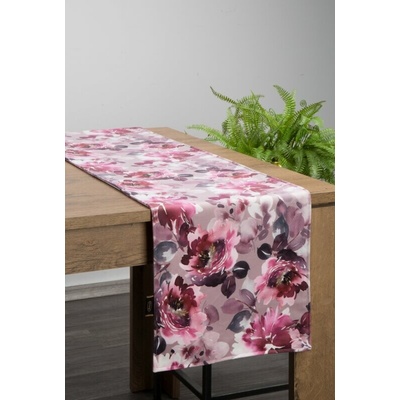 Takoy Růžový pudrový stolní běhoun 35x180 cm, oboustranný sametový s potiskem barevných květin-HF-415653 | 35 x 180 cm