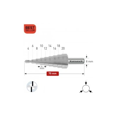 Karnasch Стъпално свредло Ø 4-20 mm (x 4 mm), HSS-XE без покритие, 2x прав канал, BESTSELLER (213031)