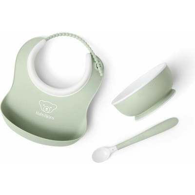 Babybjorn set na krmení malý bryndák miska a lžička pudrově zelený 3 ks
