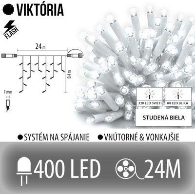 Viktória led svetelná záclona vonkajšia flash 400led 24m studená biela flash prebliknutie studená biela biely kábel