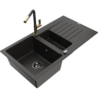 Mexen Matias Гранитна мивка с 1, 5 камери с оцедник и кухненски смесител Flora, черен/златен - 6502-75-670401-57-B (6502-75-670401-57-B)