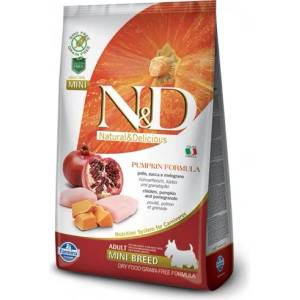 Farmina N&d grain free pumpkin chicken & pomegranate adult mini - пълноценна храна за кучета в зряла възраст над 1 година от дребните породи с тиква, пиле и нар 7 кг pnd070202s