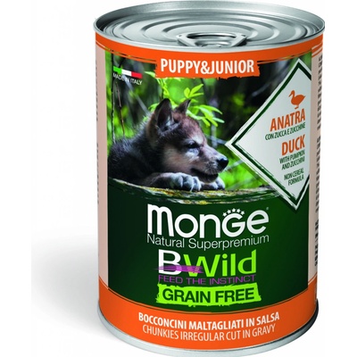 Monge Bwild Grain Free Puppy Kačacie kúsky v omáčke s tekvicou a cuketou 400 g