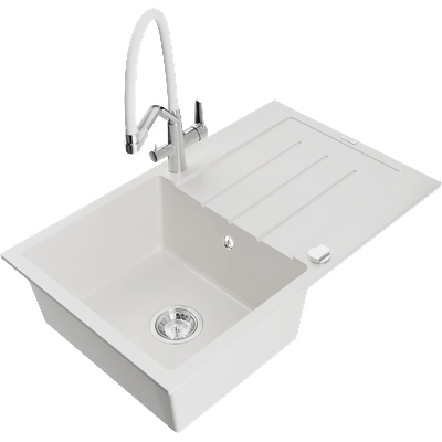 Mexen Bruno гранитна мивка с 1 камера с отцедник и кухненски смесител Duo, бял (6513-20-671701-02)