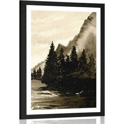 Plakát s paspartou zimní kreslená krajina v sépiovém provedení - 20x30 black