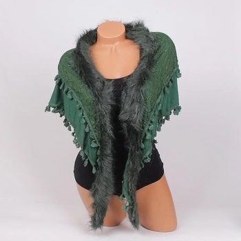 Image 1 of Триъгълен шал в зелено с дантела, пискюли и пухче