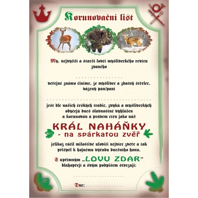 e‑myslivost.cz Král naháňky na spárkatou zvěř - pasovací list - Motiv bez personalizace