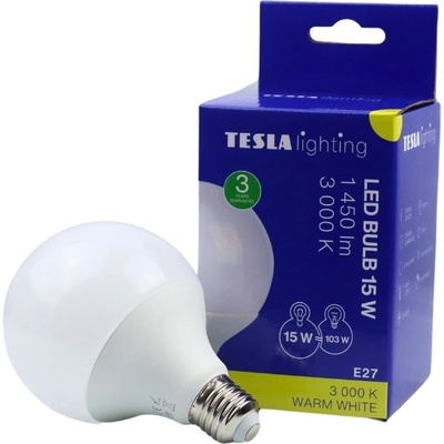 Tesla LED žárovka GLOBE E27, 15W, 230V, 1450lm, 25 000 hod, 3000K teplá bílá, 270st