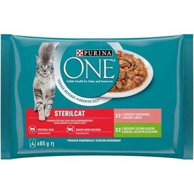 PURINA ONE Multipack Sterilcat mini filetky s morkou a zelenými fazuľkami / s lososom a mrkvou v šťave 4x85g