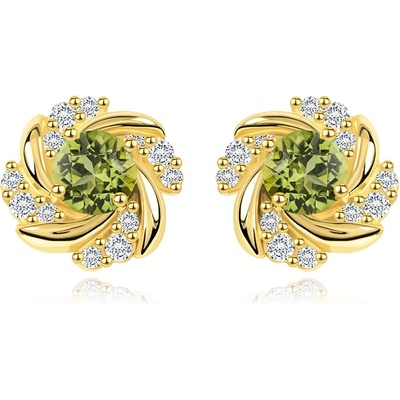 Šperky Eshop Zlaté náušnice 14K květina s kulatým olivínem a kubickými zirkony, puzety S2GG90.09
