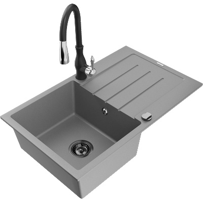 Mexen Bruno гранитна кухненска мивка с 1 корито, отцедник и кухненски смесител Savita, сив - 6513-71-672601-70-B (6513-71-672601-70-B)