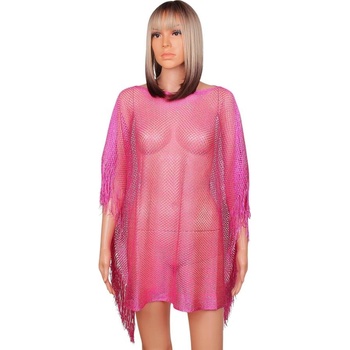 Мрежеста туника за плаж в цикламено с ресни