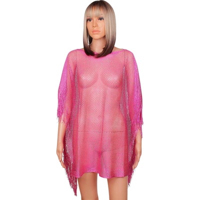 Мрежеста туника за плаж в цикламено с ресни