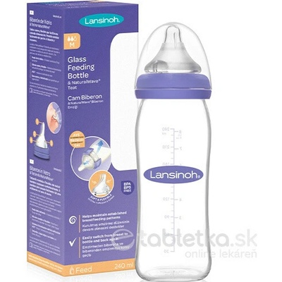 Lansinoh Natural Wave sklenená fľaštička so cumlíkom fialová 240 ml