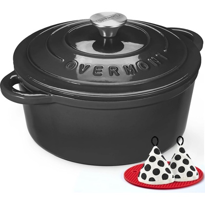 Overmont roasting pan enamel cast iron pot - casserole dish 26cm oven-safe - with lid and cookbook - for kitchen baking stewing roasting - Graphite